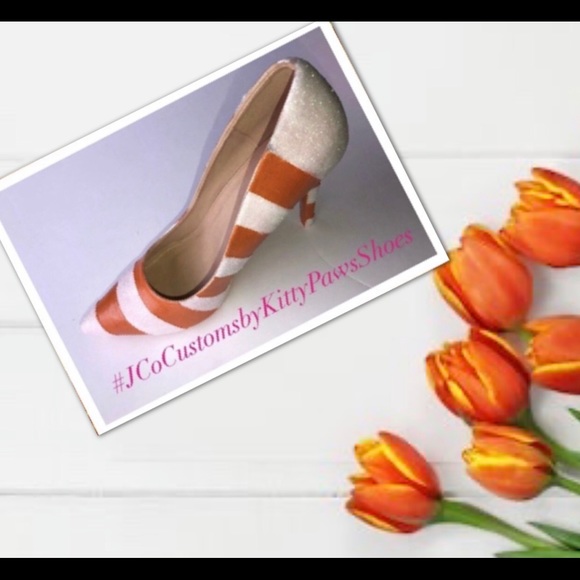 Women’s Custom Orange & White Glittered High Heels - Picture 4 of 7